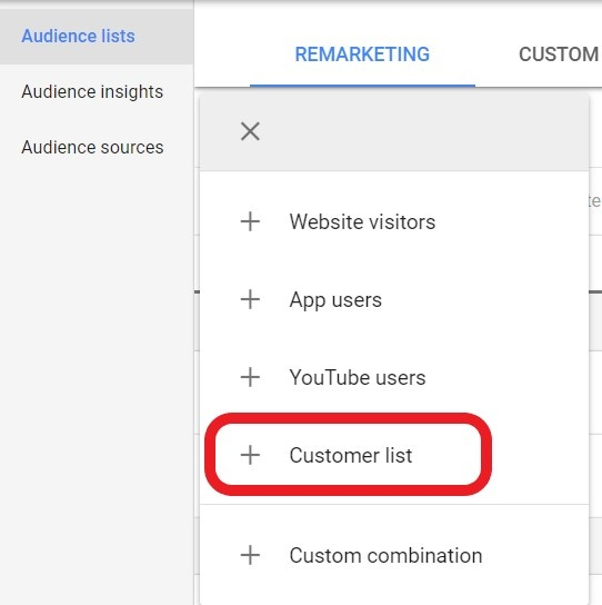 Bước 1: Truy cập Google Ads > Audience section > Customer List.