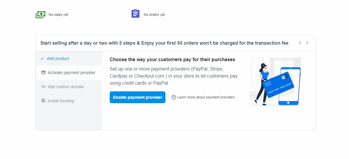 Bạn nhấp vào Enable payment provider để cài đặt thẻ thanh toán.