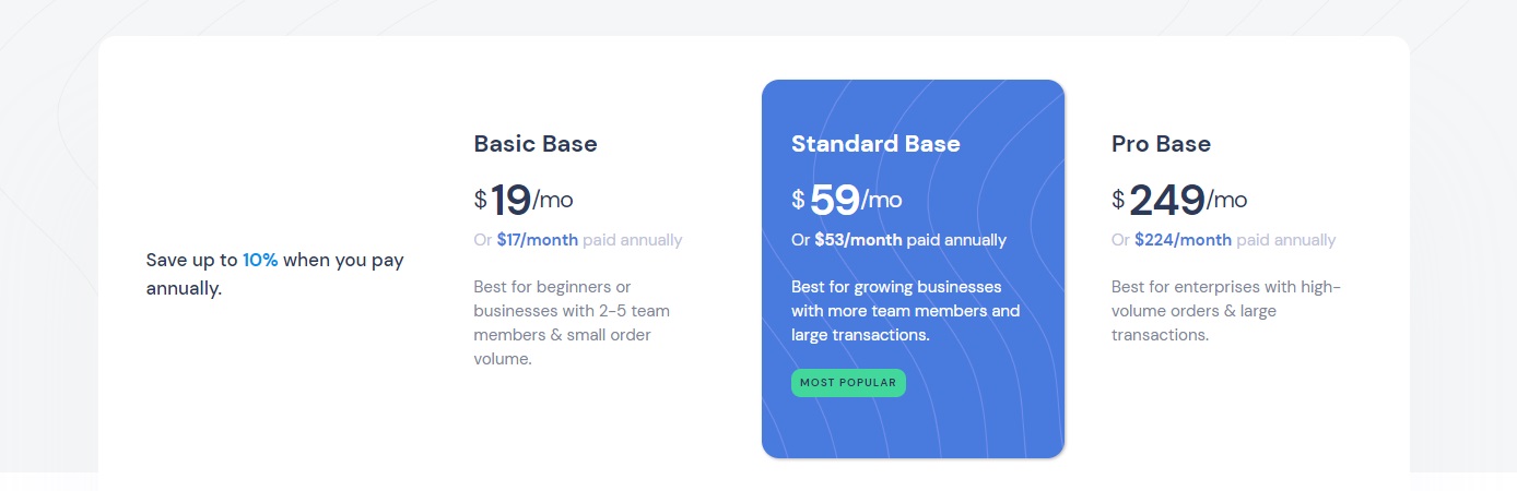 ShopBase cung cấp 3 gói dịch vụ cho bạn lựa chọn, thấp nhất là 19$/tháng.