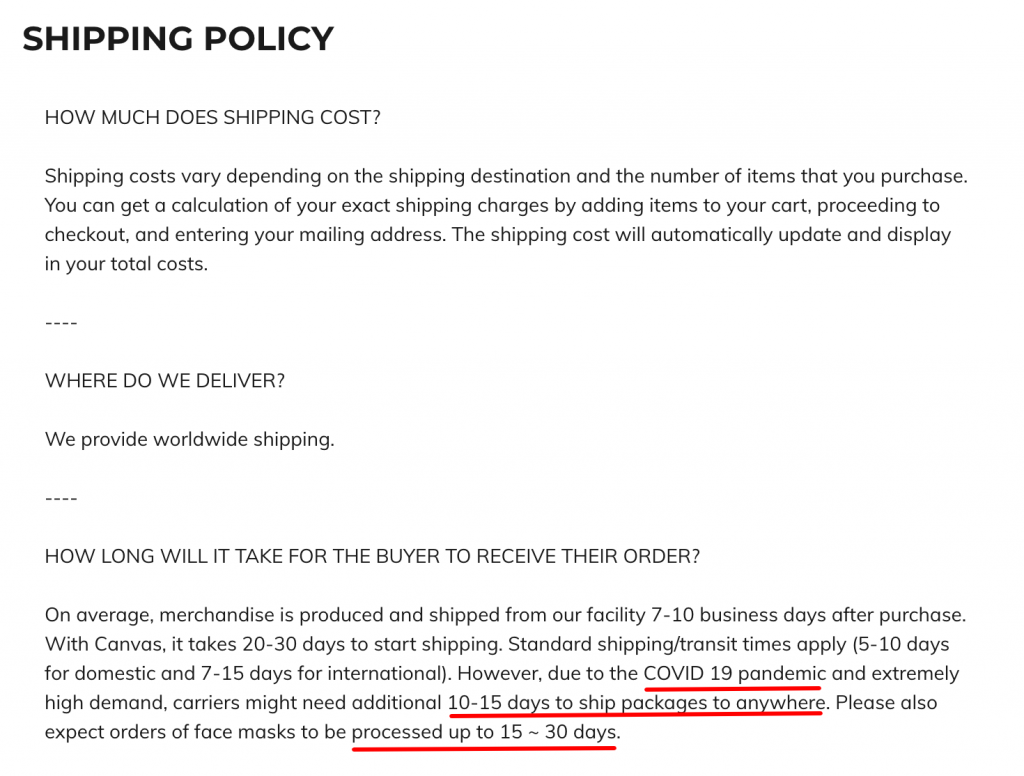 Thông tin về ngày giao hàng dự kiến được hiển thị trong chính sách về giao hàng trên cửa hàng của ShopBase