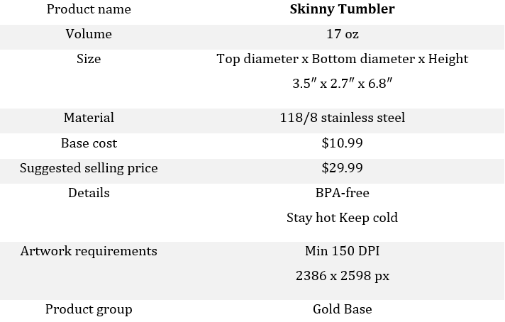 PrintBase skinny tumbler details