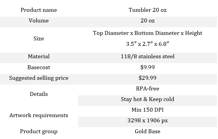 PrintBase tumbler 20 oz details