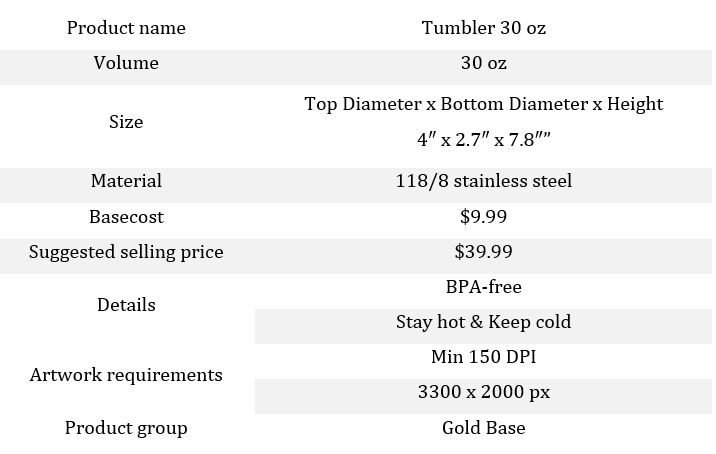 PrintBase tumbler 30 oz details