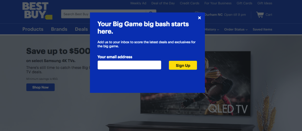 A popup sample that BestBuy runs on its page on Super Bowl Sunday to collect emails receiving discounts