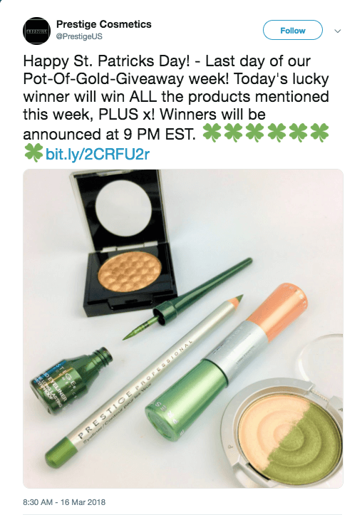 Một đoạn tweet của hàng mỹ phẩm Prestige Cosmetics thông báo về mini game trao quà cho người may mắn ngày St. Patrick's Day