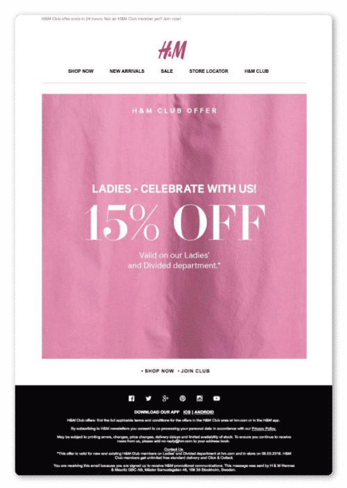 H&M’s banner with discount code on International Women's Day 