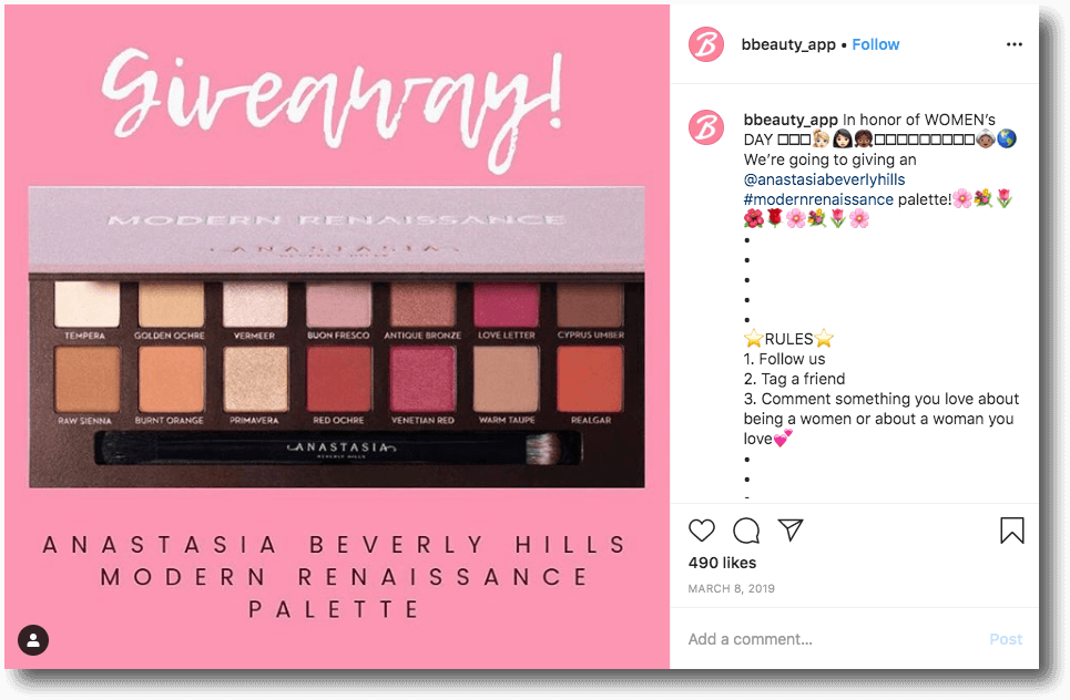 Giveaway held on Instagram to increase followers for beauty account.