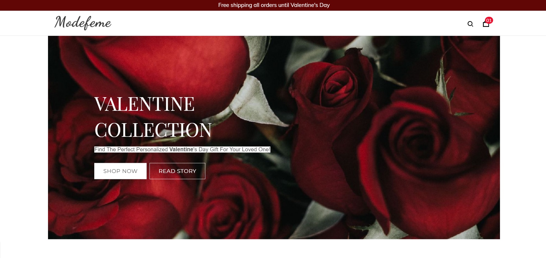 An online store with a Valentine-themed homepage