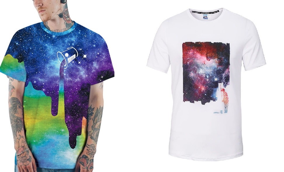同一个星系主题，但 AOP T恤的‘设计（左边）比 2D打印T恤（右边）的印象得多。
