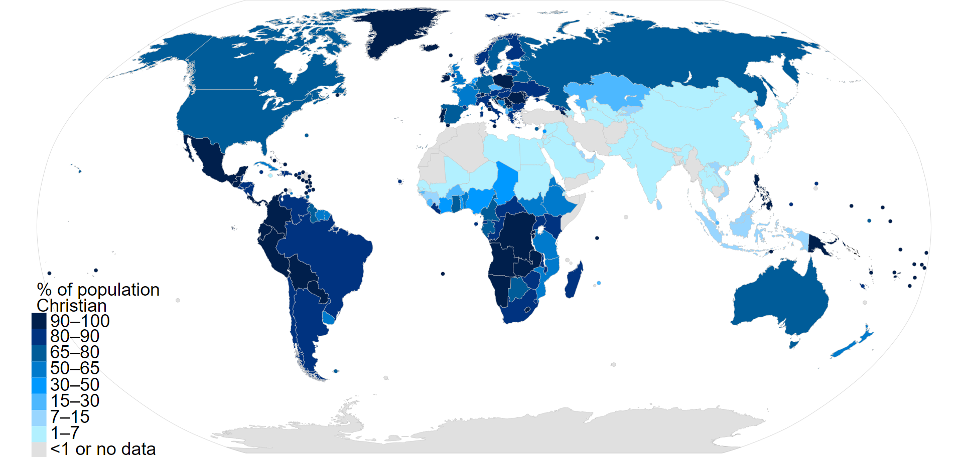 Mật độ phân bố người theo đạo Kitô giáo ở các nước trên thế giới, các màu xanh đậm thể hiện mật độ phân bố dày (Nguồn: Wikipedia)