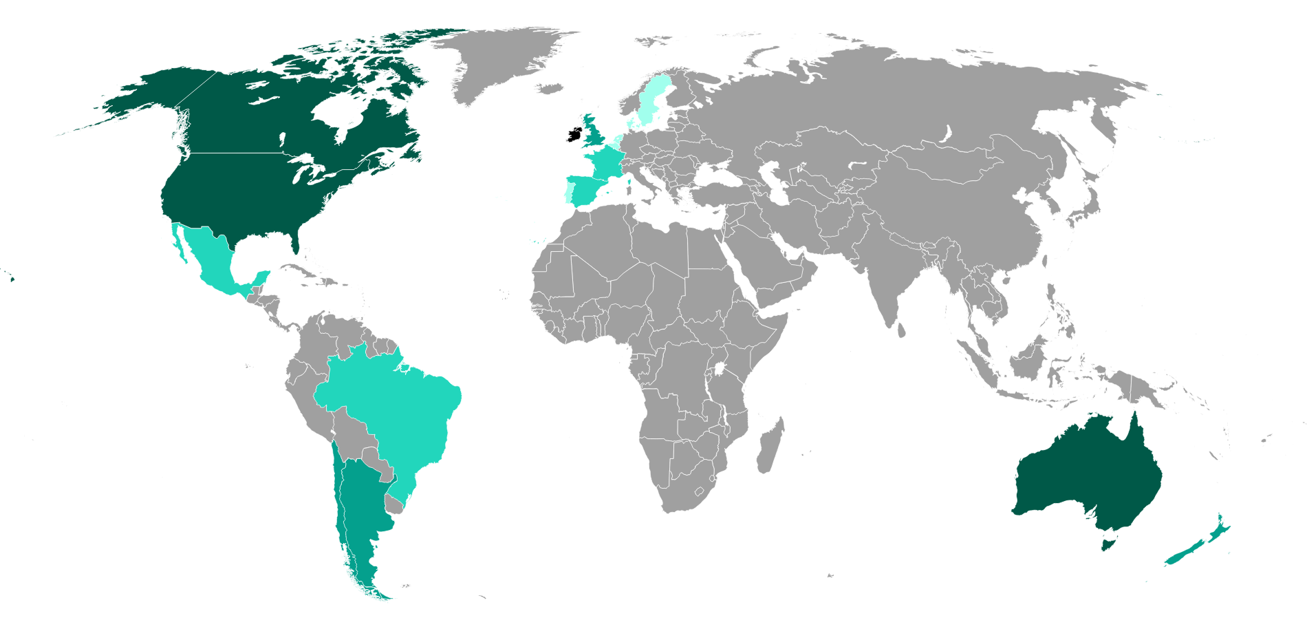 Mật độ phân bố người dân có gốc Ireland ở các nước trên thế giới, các màu xanh đậm thể hiện mật độ phân bố dày (Nguồn: Wikipedia)