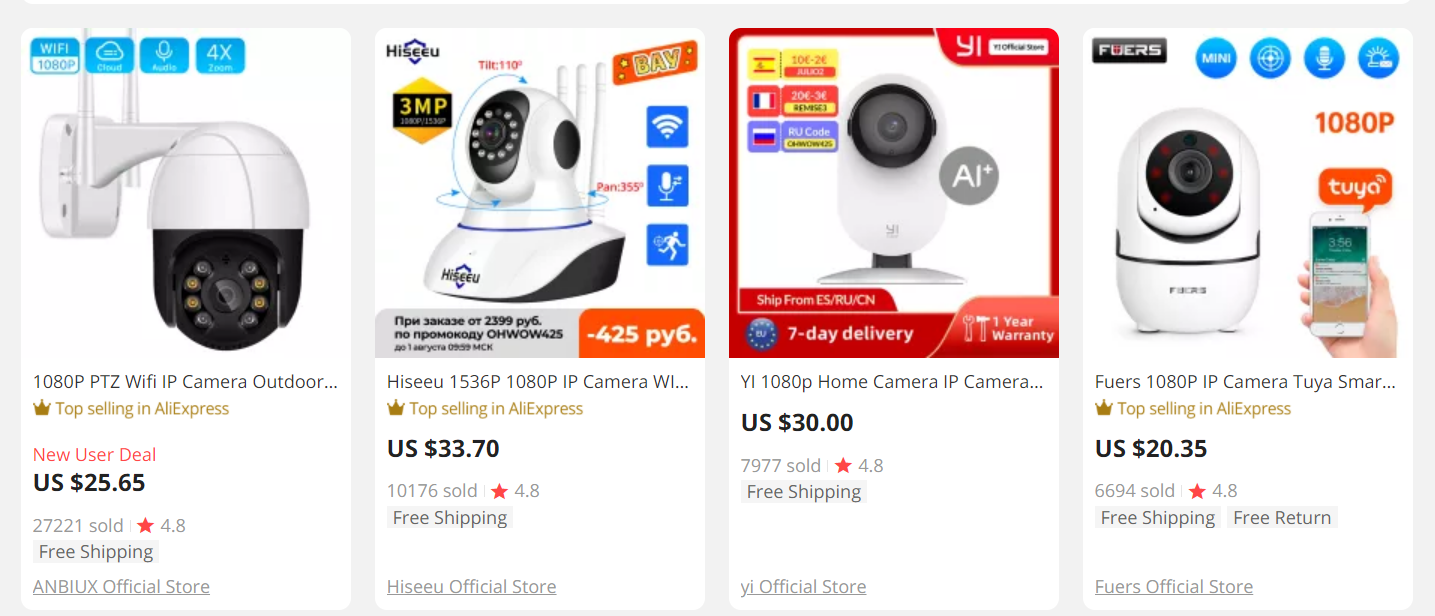 Security Camera là một sản phẩm Top selling trên AliExpress trong niche đồ gia dụng
