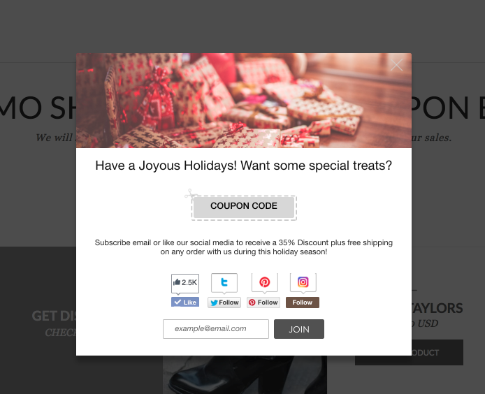 A flash holiday popup on the welcome page to put visitors right in the holiday shopping mood.