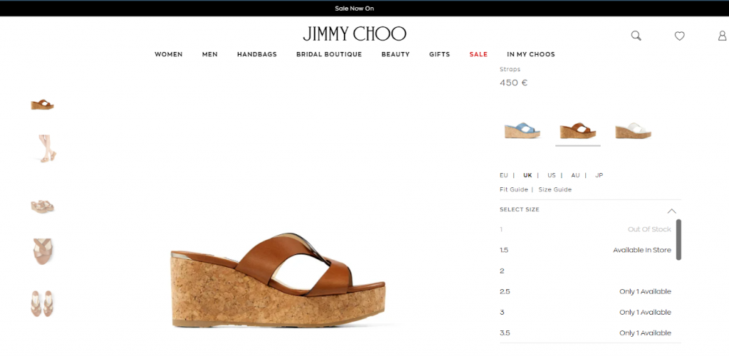 High-end shoe brand Jimmy Choo displays the number of items left in stock – including when products are out of stock – after customers select their size