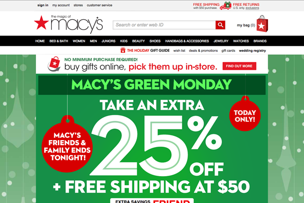 Macy changes their site design to match the holiday shopping mood.