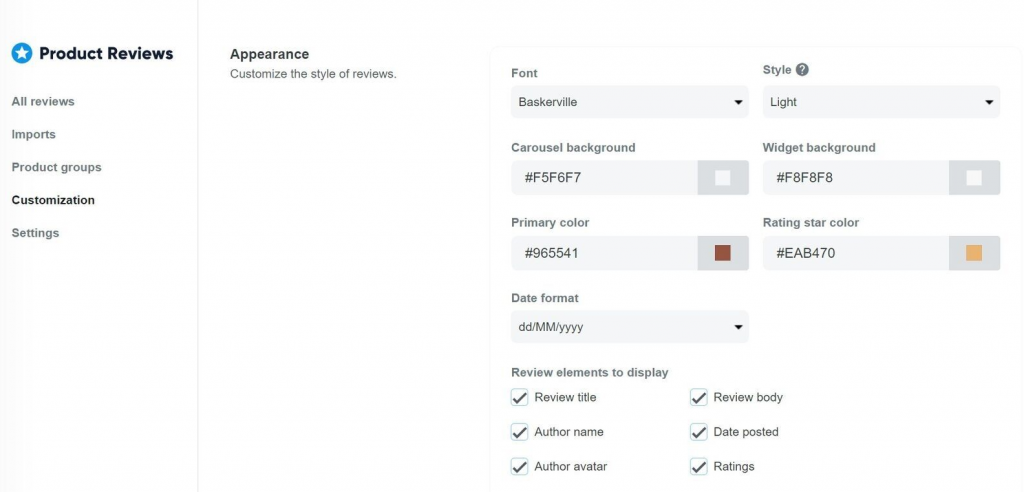 Product reviews customization 