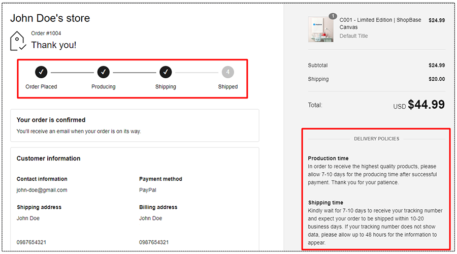 Order Processing Bar and Delivery Policies display on ShopBase