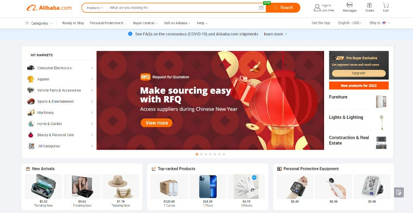 Trang web Alibaba sử dụng tiếng Anh để phục vụ thị trường quốc tế.