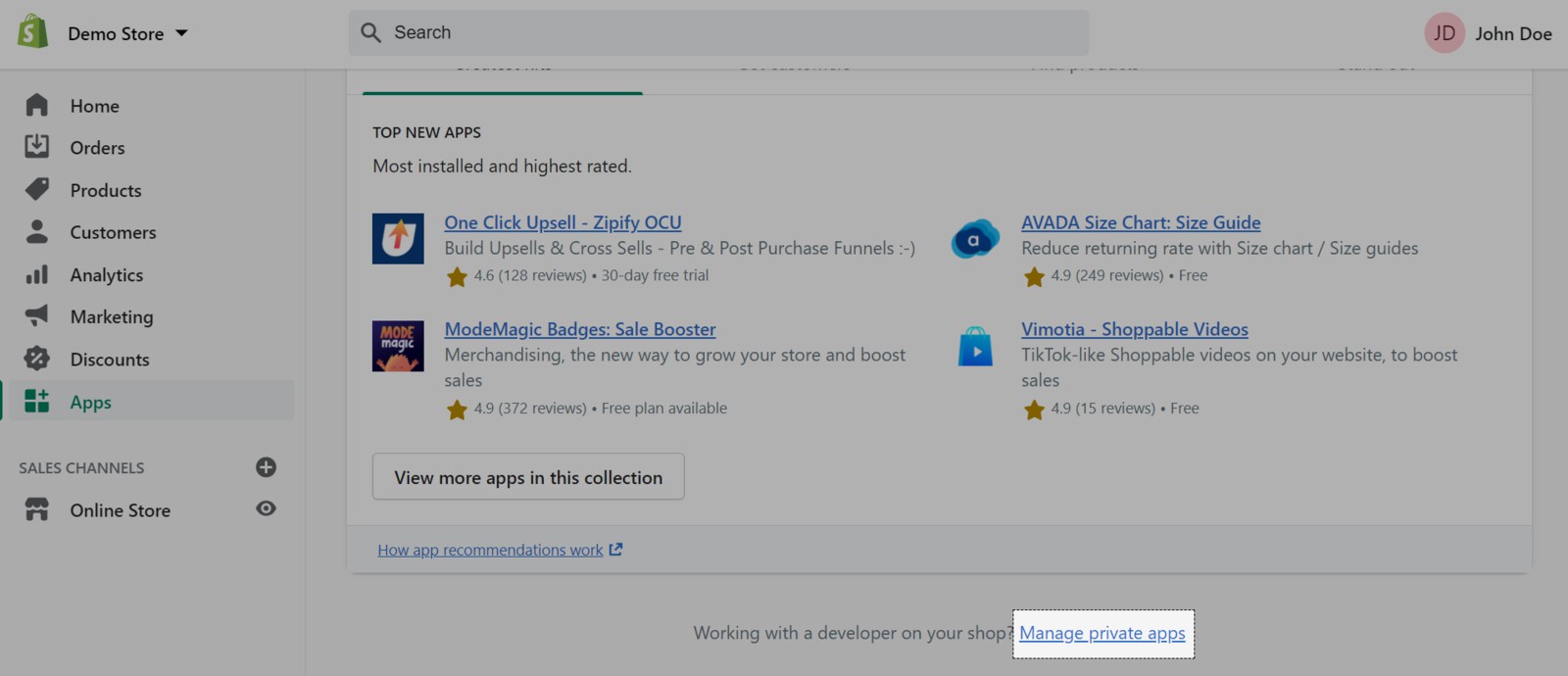 Bạn nhấp vào dòng “Manage private apps” tại trang quản trị Shopify.