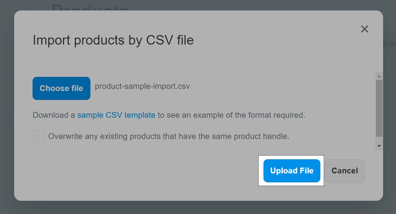 Bạn nhấn vào ô Upload file để tải tệp CSV lên.