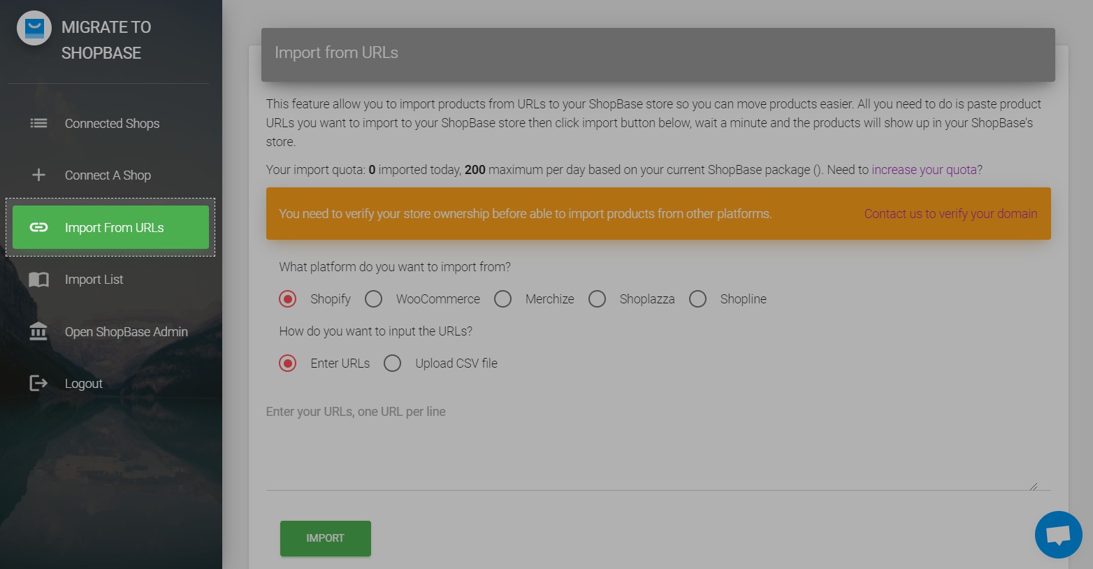 Bạn nhấp vào Import from URLs tại app Migrate to ShopBase.
