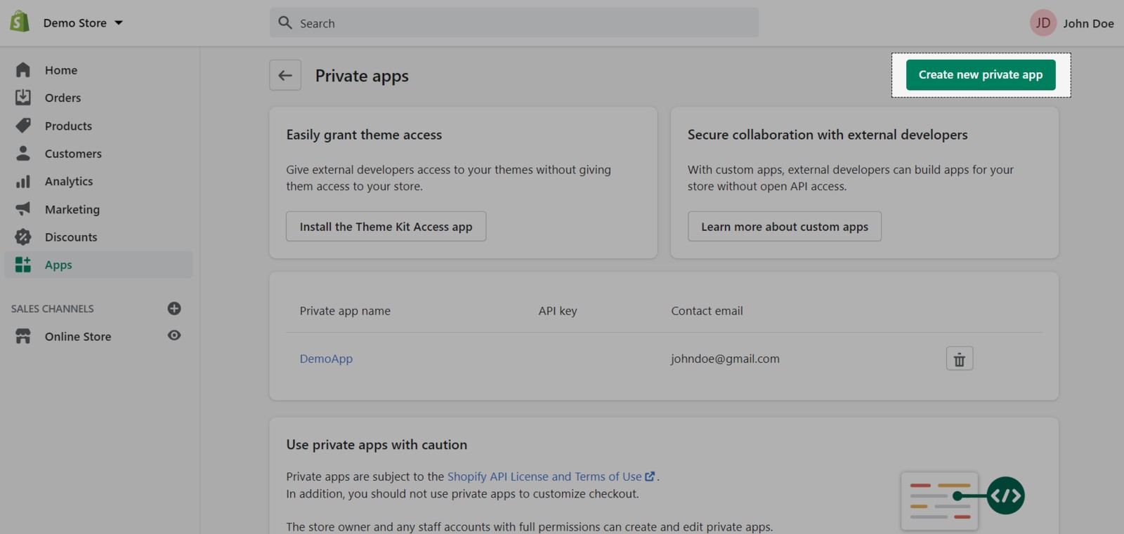 Bạn chọn ô “Create new private app” tại góc trên bên phải màn hình.