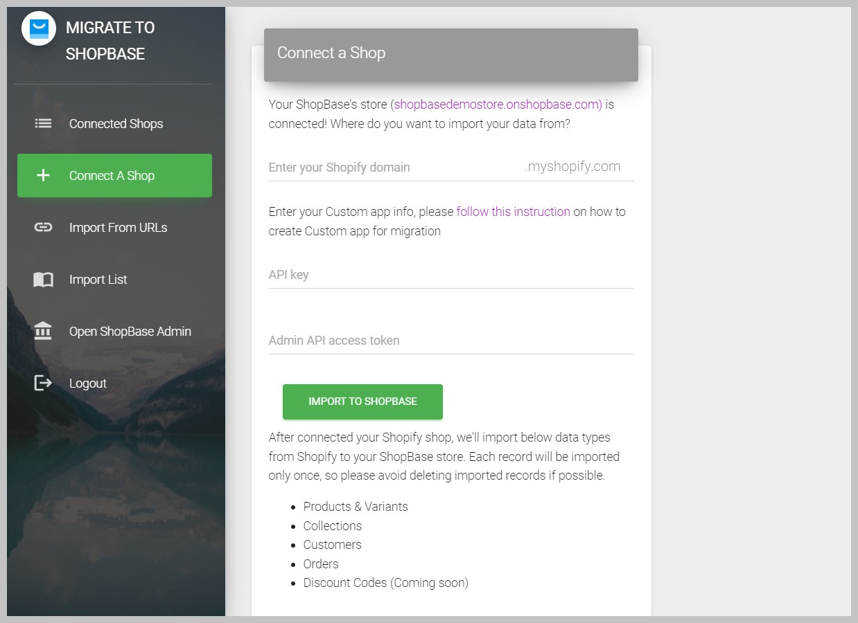 Nhập tên miền Shopify của bạn trong ứng dụng Migrate to ShopBase