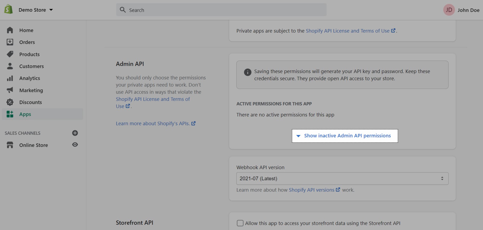 Bạn tiếp tục bằng cách nhấp vào Show inactive Admin API permissions.