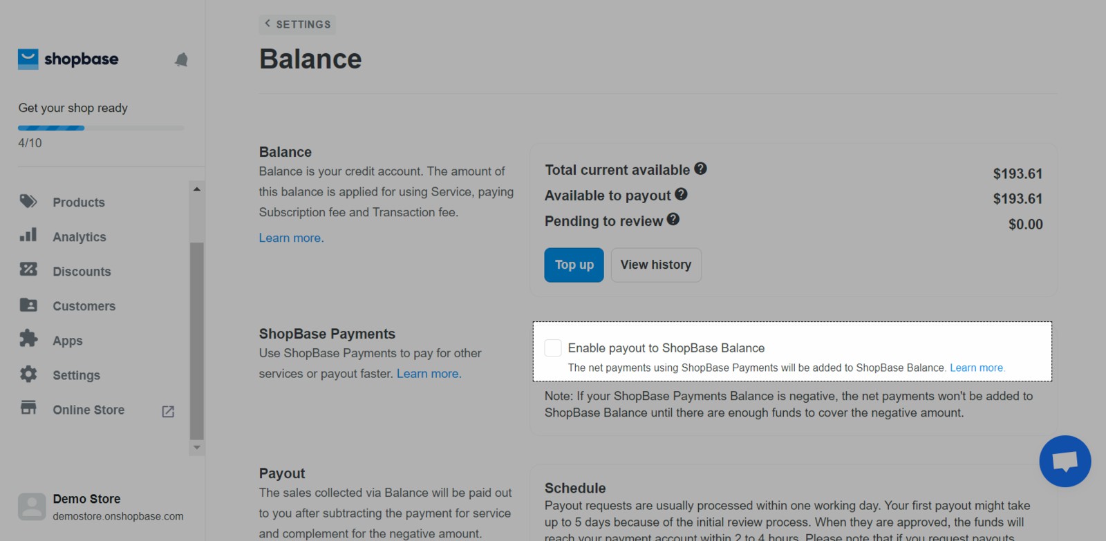 Bạn hãy nhấp chọn Enable payout to ShopBase Balance.