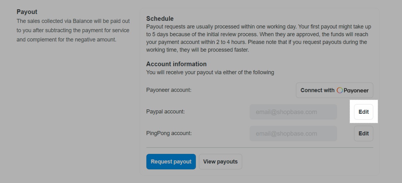 Bạn kết nối với tài khoản Paypal hoặc PingPong bằng cách nhập email tương ứng.