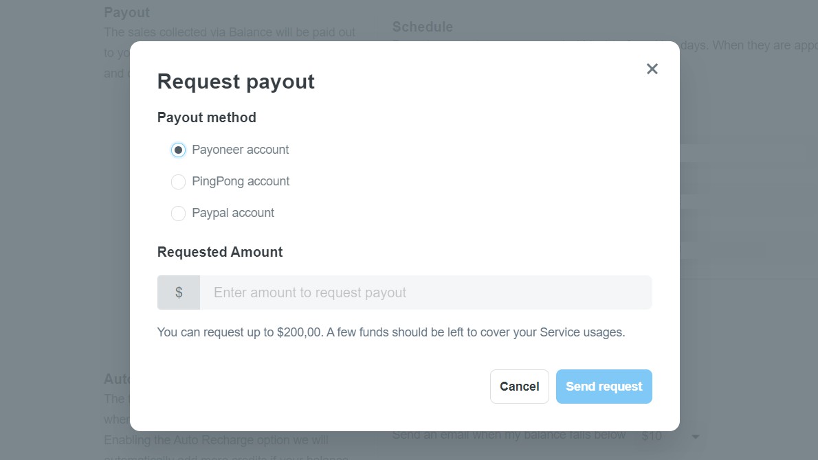 Bạn chọn tài khoản và số tiền muốn nhận từ ShopBase Balance trong hộp thoại Request payout.
