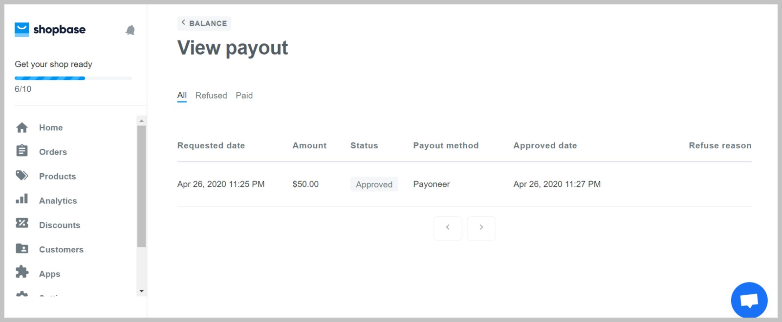 Trang View payout giúp bạn theo dõi các khoản tiền được xuất về.