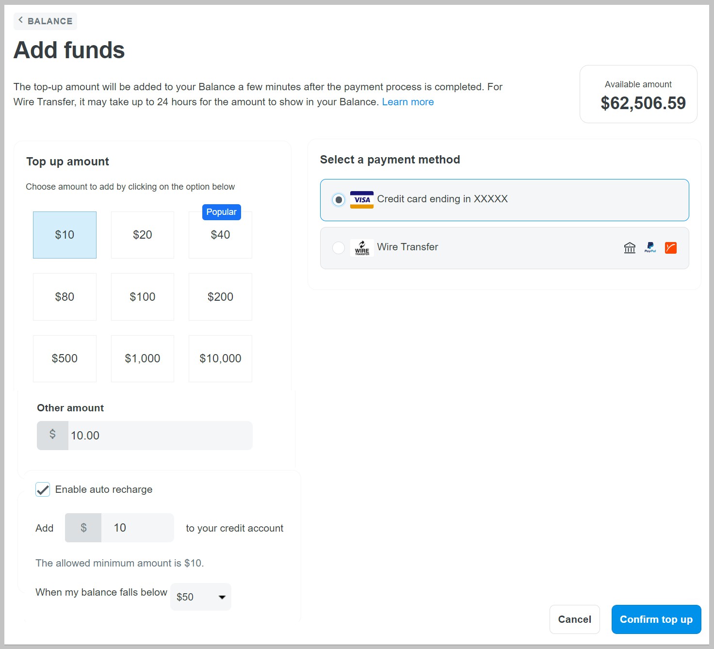 Giao diện làm việc của trang Add funds để bạn tiến hành nạp tiền.