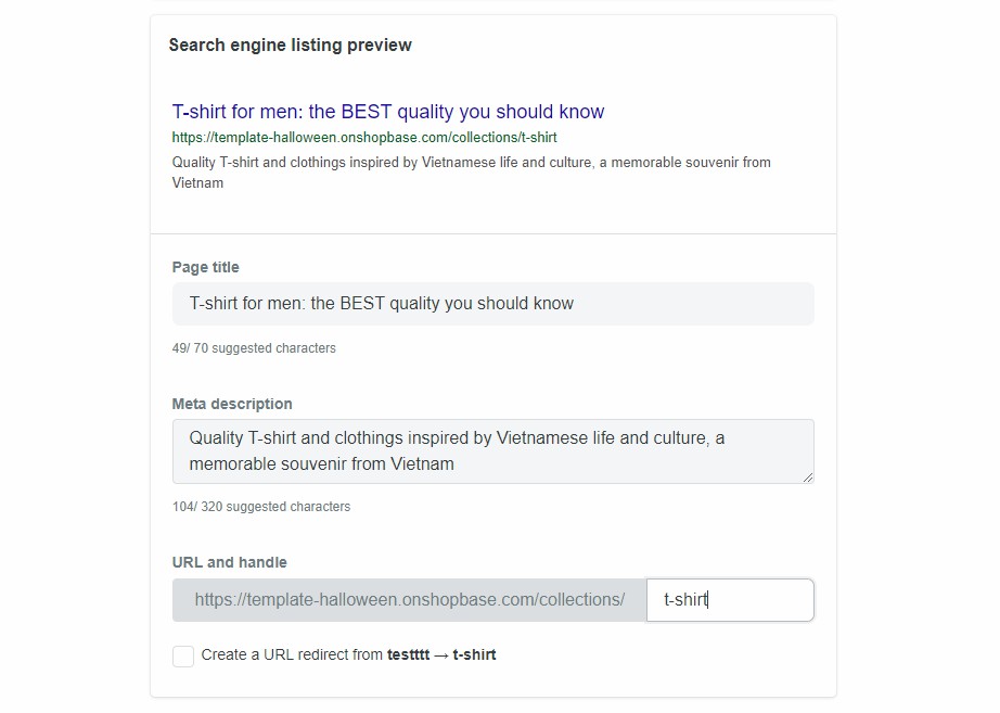 Có 3 nội dung để tối ưu SEO cho Catalog mà bạn cần quan tâm đó là Page title, Meta description và URL and Handle.