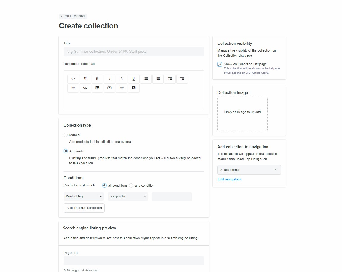 Trang Create collection cho phép bạn chỉnh sửa các chi tiết và thông tin liên quan đến bộ sưu tập