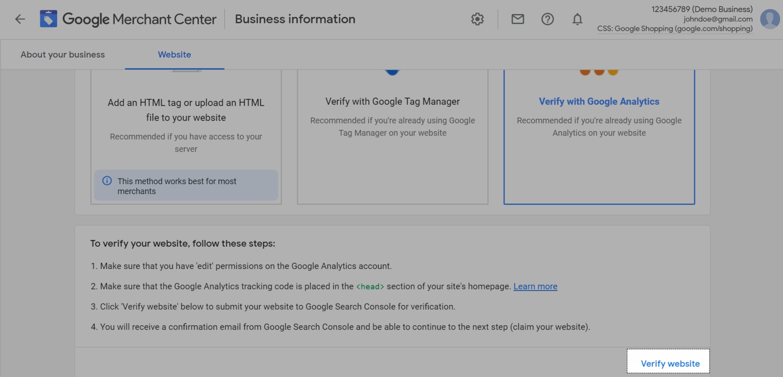 Xác nhận website bằng công cụ Google Analytics.