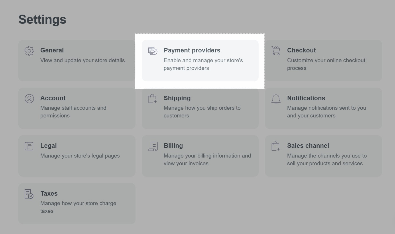 Chọn mục Payment providers trong trang cài đặt.