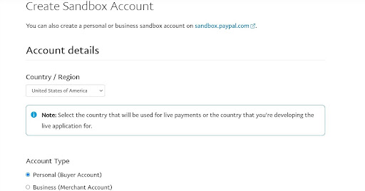 Giao diện Creat Sandbox Account - Tạo tài khoản Sandbox trên PayPal.