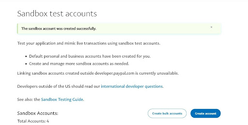 Tài khoản Sandbox được tạo thành công.