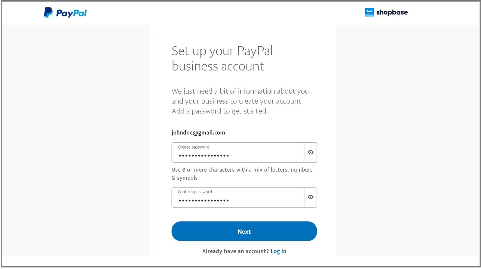 Giao diện đăng ký tài khoản mới của PayPal.