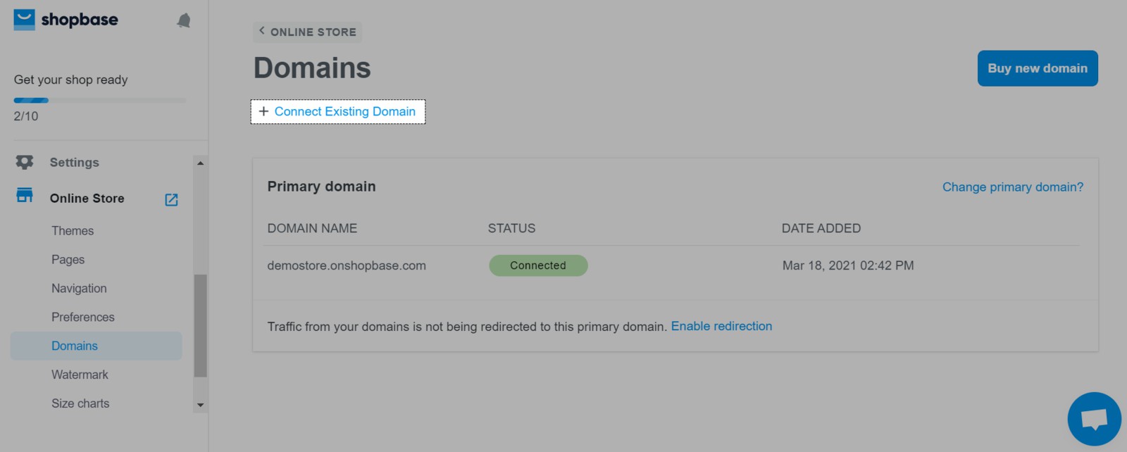 Nút Connect Existing Domain trong trang Domains của cửa hàng.