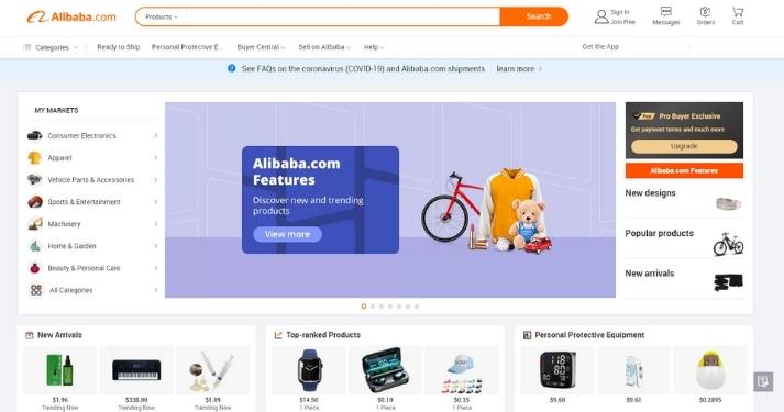 Alibaba có giao diện hoạt động bằng tiếng Anh, nhắm đến thị trường quốc tế.