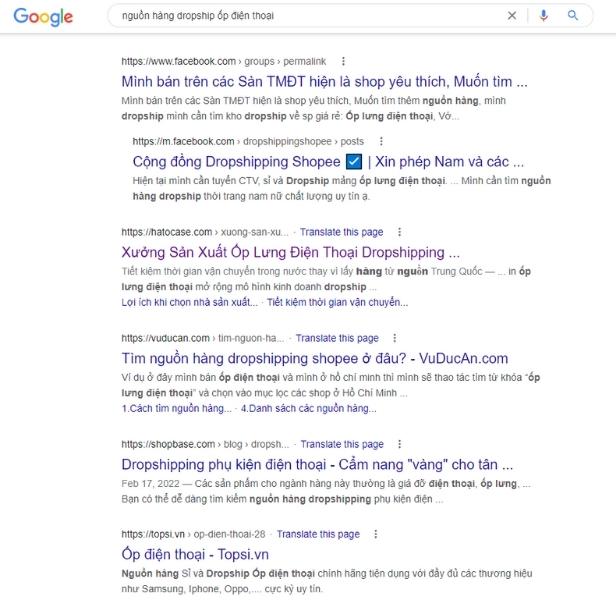 Một số kết quả tìm kiếm “nguồn hàng dropship ốp điện thoại” do Google trả về.