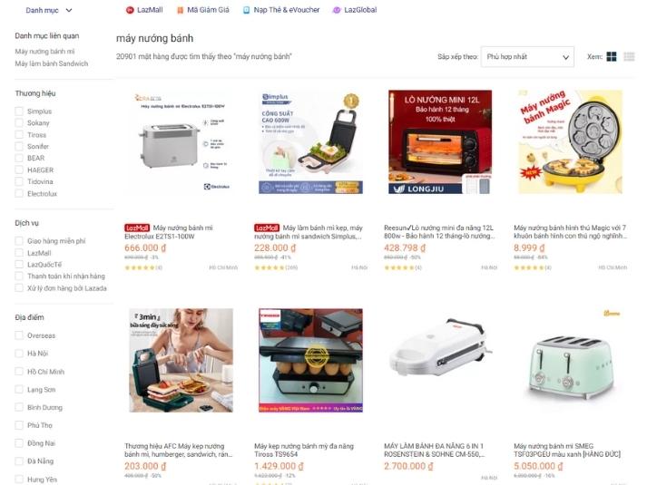 Kết quả tìm kiếm “máy nướng bánh” trên Lazada.