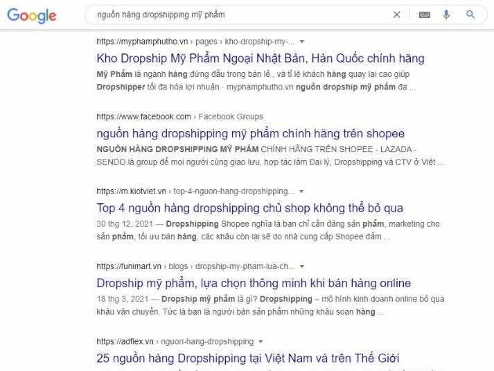 Kết quả tìm kiếm “nguồn hàng dropshipping mỹ phẩm” trên trang tìm kiếm của Google.