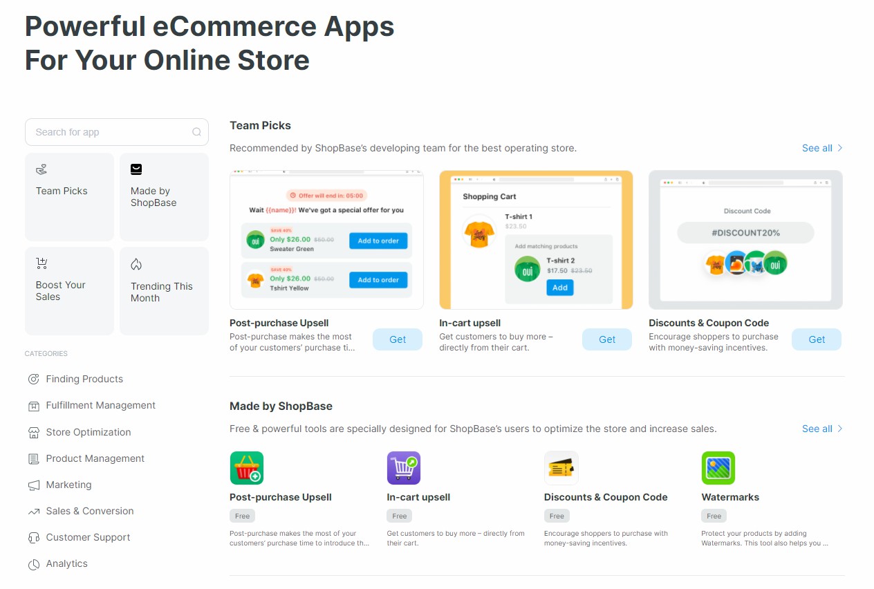 ShopBase và PrintBase đều được tích hợp các ứng dụng giúp hỗ trợ hoạt động kinh doanh của người bán.