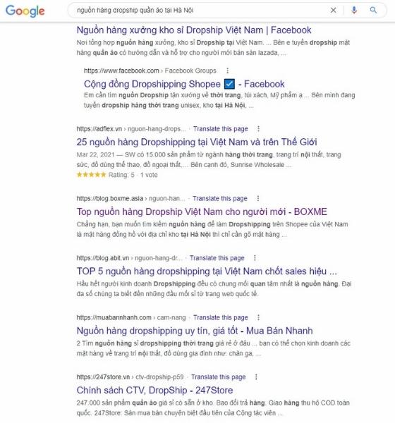 Tìm kiếm nguồn hàng sỉ quần áo tại khu vực Hà Nội bằng Google.