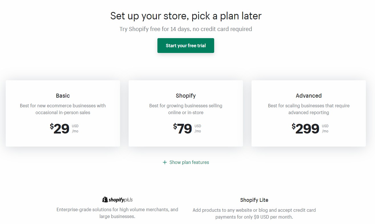 Mức phí thấp nhất cho gói dịch vụ của Shopify là 29$/tháng.