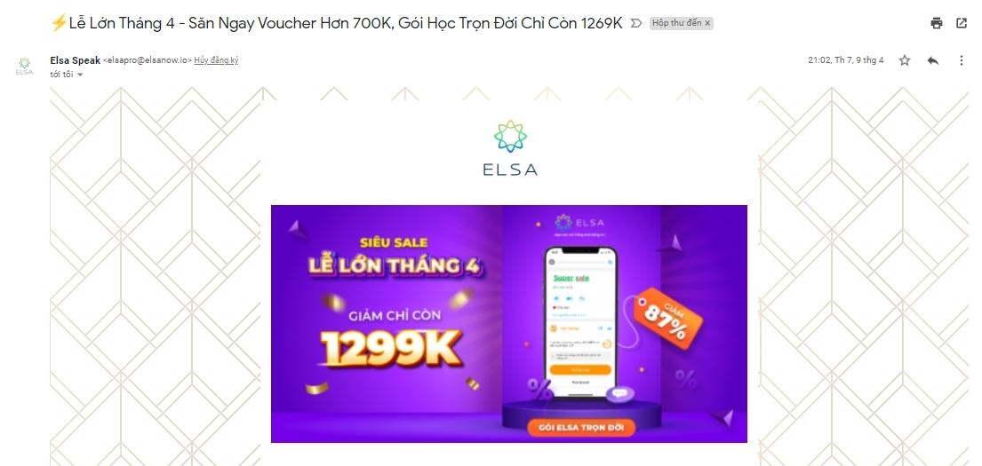 Email marketing giới thiệu gói voucher hấp dẫn của Elsa Speak.