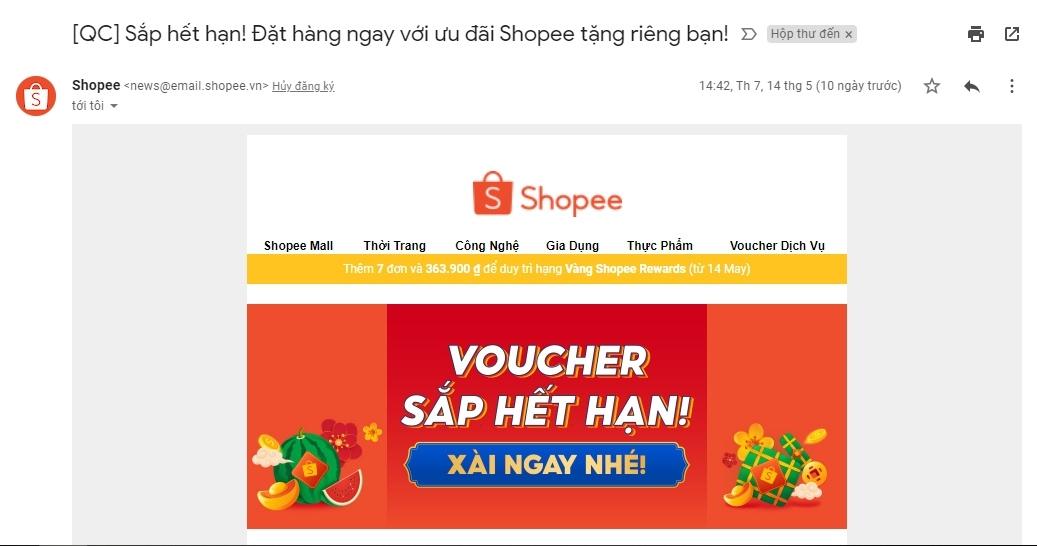 Một email sale của sàn TMĐT Shopee để khuyến khích khách hàng “chốt đơn”.